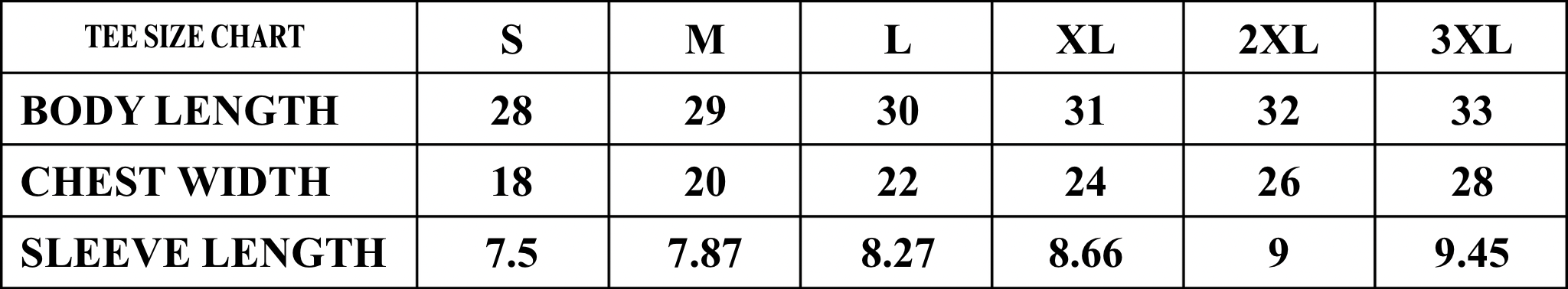 Product size chart