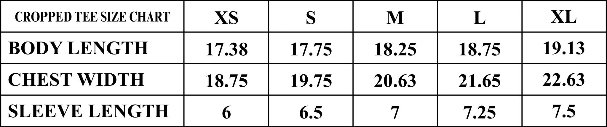 Product size chart