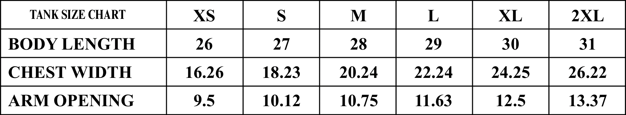 Product size chart