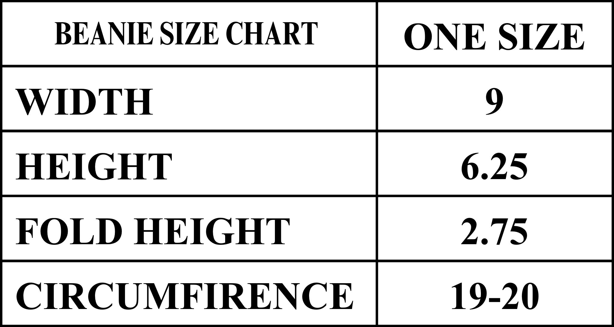 Product size chart
