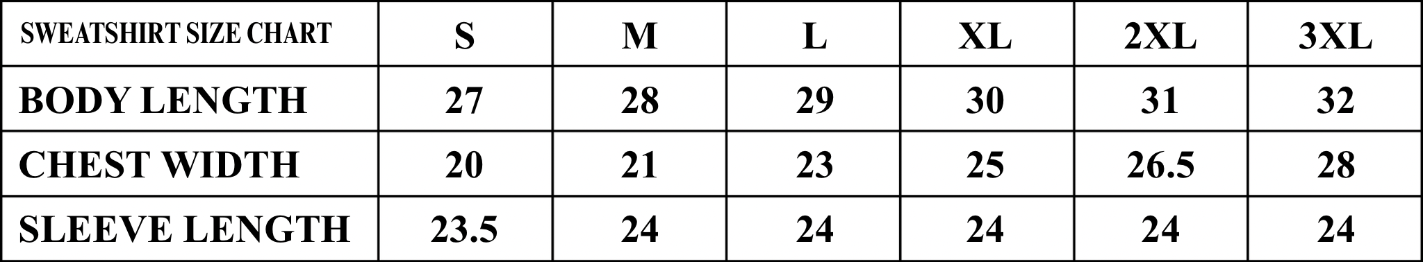 Product size chart