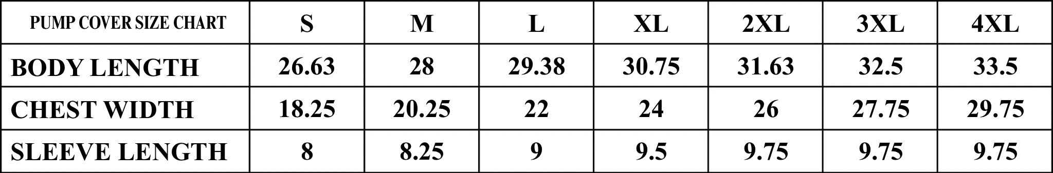 Product size chart