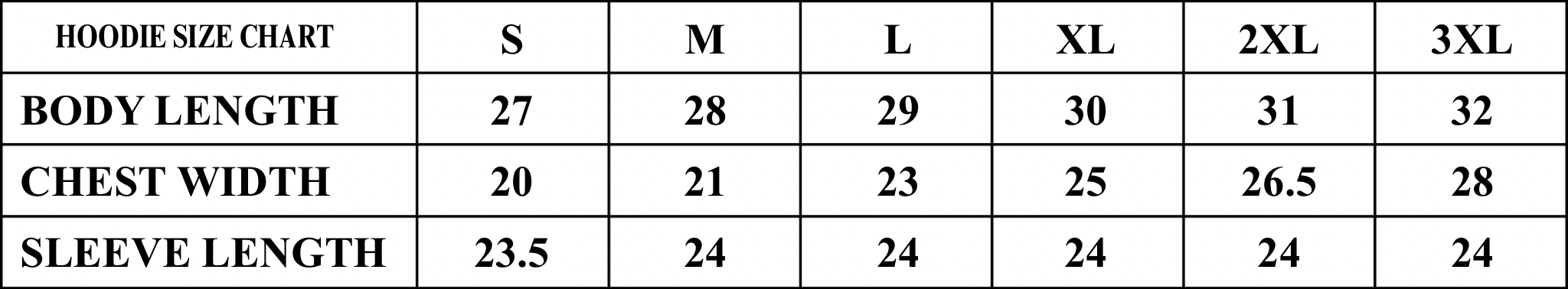 Product size chart